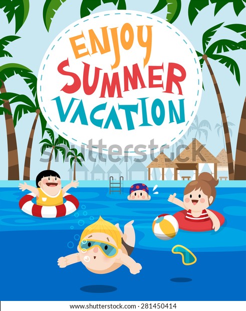 夏休みのリゾート地で泳ぐ子どもたちの平らなベクターイラスト 枠の端にヤシの木と夏休みの文字が中心になった 背景にリゾート施設 のベクター画像素材 ロイヤリティフリー