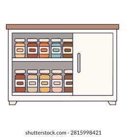 A flat vector illustration of a kitchen cabinet featuring two shelves filled with various colorful glass spice jars and a closed storage door