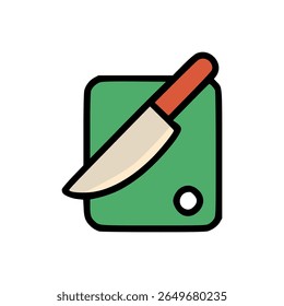 Flat vector illustration of a kitchen knife and cutting board used for food preparation cooking or recipe design