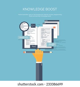 Flat vector illustration. Knowledge boost. Coding and programming. Study and learning concept background. Distance education, brainstorm.