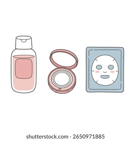 Flat vector illustration of Korean beauty products: toner bottle, cushion compact, and sheet mask. Soft rounded design with bold outlines. Minimal, trendy aesthetic on white background.