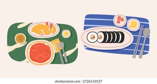 Eine flache Vektorgrafik von koreanischem Streetfood, einschließlich Tekbokki, Kimbap und verschiedenen gebratenen Snacks. In einem sauberen und modernen Stil für die Verwendung in Menüdesigns, Food-Blogs und südkoreanischen Kulturinhalten entwickelt.