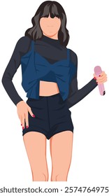 Flat vector illustration kpop idol dancing. Korean dancer performing choreography. Idol group female fashion model in a black outfit. Asian beauty model singing on stage. Vocalist holding pink mic.