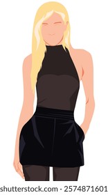 Flat vector illustration kpop idol dancer. Korean famous people performing in show. Idol group girl fashion model wearing black outfit. Asian beauty artist on stage. Female attending award.