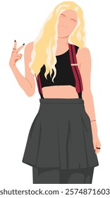 Flat vector illustration kpop idol dancer. Korean famous people in casual style. Idol group girl fashion model wearing tanktop outfit. Asian beauty artist on stage. Female on vacation.