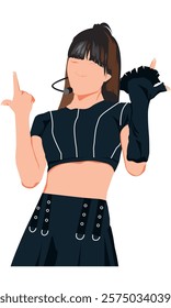 Flat vector illustration kpop idol dancing. Korean dancer performing choreography. Idol group female fashion model wearing black dress. Asian beauty model perform on stage. Elegant woman vocalist.