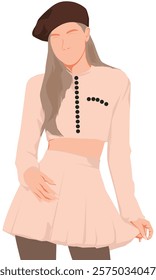 Flat vector illustration kpop idol dancer. Korean girl performing choreography. Idol group female fashion model wearing cream outfit and ray hat. Asian beauty model perform on stage.