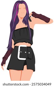 Flat vector illustration kpop idol dancing. Korean dancer performing choreography. Idol group female fashion model wearing black dress. Asian beauty model perform on stage. Elegant woman vocalist.