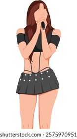 Flat vector illustration kpop idol singing. Korean dancer performing choreography. Idol group female fashion model wearing black dress. Asian beauty model perform on stage. Elegant woman vocalist.