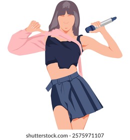 Flat vector illustration kpop idol dancing. Korean dancer performing choreography. Idol group female fashion model wearing black dress. Asian beauty model perform on stage. Elegant woman vocalist.