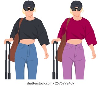 Flat vector illustration kpop idol with suitcase. Korean dancer on vacation. Idol group female fashion model wearing colorful outfit. Asian beauty model on casual style. Elegant woman.