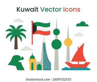 Flat vector illustration of Kuwait landmarks and symbols including Kuwait Towers, national flag, dhow boat, skyline buildings, mosque, palm tree, and map silhouette in colorful icon style