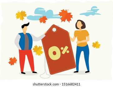 Flat vector illustration with label tag and 0% text on it.