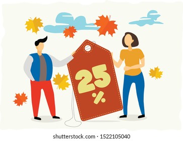 Flat vector illustration with label tag and 25% text on it.
