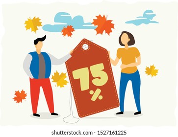 Flat vector illustration with label tag and 75% text on it. 