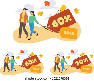 Flat vector illustration with label tags and 60% 65% 70% text on it.