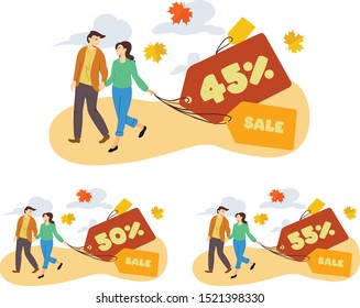 Flat vector illustration with label tags and 45% 50% 55% text on it.