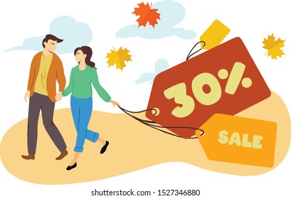 Flat vector illustration with label tags and 30% text on it.