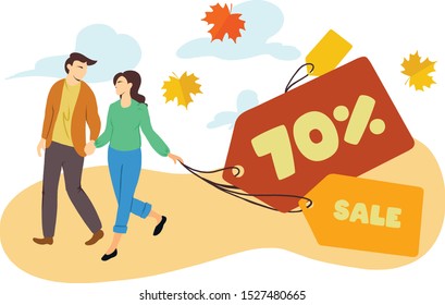 Flat vector illustration with label tags and 70% text on it.