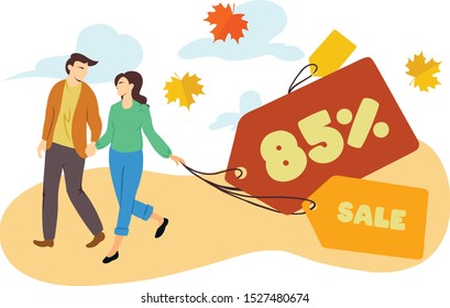 Flat vector illustration with label tags and 85% text on it.