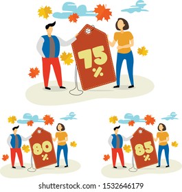 Flat vector illustration with label tags and 75% 80% 85% text on it.