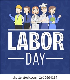 Flat vector illustration for Labor Day or International Workers' Day. Workers holding tools, banners and flags. Suitable for holiday cards, posters, and web design.