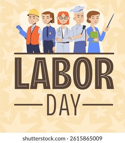Flat vector illustration for Labor Day or International Workers' Day. Workers holding tools, banners and flags. Suitable for holiday cards, posters, and web design. Warm colors.