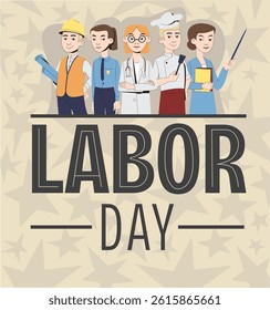 Flat vector illustration for Labor Day or International Workers' Day. Workers holding tools, banners and flags. Suitable for holiday cards, posters, and web design. Retro colors