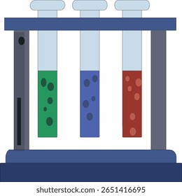 Ilustração vetorial plana de um rack de tubos de ensaio de laboratório contendo amostras químicas coloridas. Ideal para conteúdo educacional, científico ou médico.