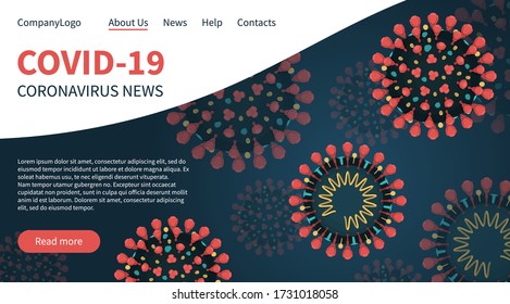 Flat vector illustration landing page banner of close-up view of red coronavirus on dark blue background. COVID-19 news with spikes flying in the air.