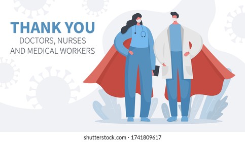 Flat vector illustration landing page banner of brave heroic doctors and nurses with coronavirus flying around. Gratitude to hospital workers who save lives every day. Thank you.