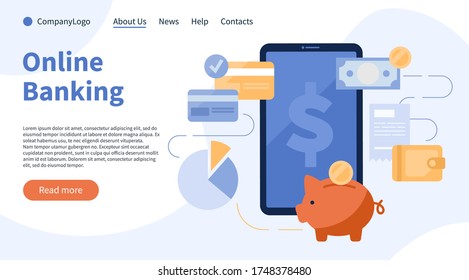 Ilustración vectorial plana de la página de aterrizaje, concepto de banner de la aplicación de smartphone de banca por internet. Efectivo, monedas, banco de cerco, billetera, facturas y tarjetas de crédito, símbolo de pago, ingresos y compras.