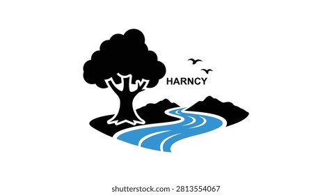 A flat vector illustration of a landscape with a black tree, a blue winding river, hills, and birds, with the text HARNCY