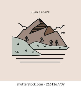 Ilustración vectorial plana. Concepto paisajístico. El cuadro muestra montañas, abetos, caminos, pasto. Ideal para portadas de portátiles, álbumes y salvapantallas. También se puede usar como pegatinas.