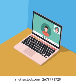 A flat vector illustration of a laptop computer with an online meeting or video conference in progress. Suitable for projects related to business, teamwork, webinars, online learning.