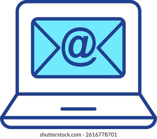 Flat vector illustration of a laptop displaying an envelope with an "a" symbol, representing email, digital communication, or online messaging.
