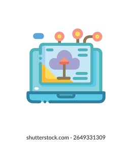 Flat vector illustration of laptop displaying cloud networking. Stylized and modern design in pastel colors on a White Background.