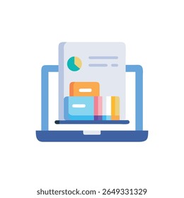 Flat vector illustration of a laptop displaying business data and charts. Modern, clean design emphasizing financial report analysis.