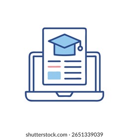 Ilustración vectorial plana de la computadora portátil que muestra la tapa de graduación y la información del curso. Diseño limpio, azules y blancos brillantes, contra un fondo blanco.