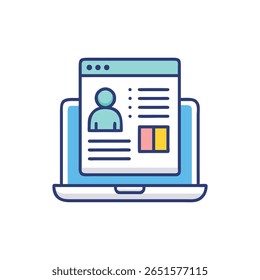 Uma ilustração vetorial plana de um notebook exibindo uma interface de perfil do usuário com um design simples. O estilo é limpo e moderno.