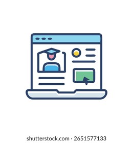 Ilustración vectorial plana de un portátil que muestra un perfil de graduación en línea. Un diseño moderno para la educación digital.