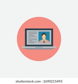 Ilustração vetorial plana de um notebook exibindo um perfil do usuário na tela. Perfeito para conceitos como currículo on-line, portfólio digital, reunião virtual e trabalho remoto.