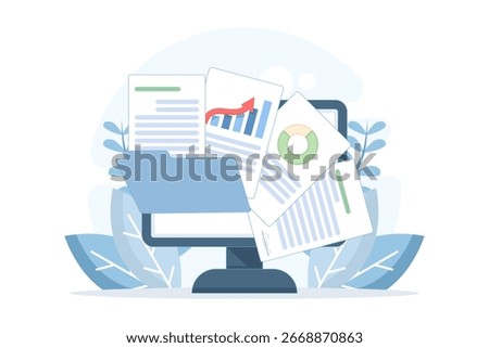 Flat vector illustration of laptop with files and documents. Concept of email attachment, online communication, digital document sharing, data transfer, office work, and electronic file management.