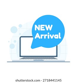 Ilustração vetorial plana de notebook com notificação de nova chegada simbolizando trabalho árduo, crescimento da empresa, lançamento do produto e realização profissional.