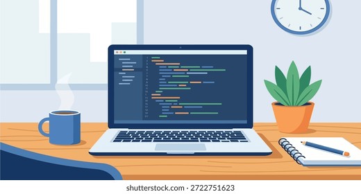 Ilustración vectorial plana de la computadora portátil en el escritorio