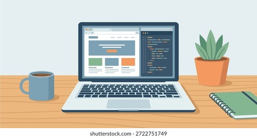 Ilustración vectorial plana de la computadora portátil en el escritorio
