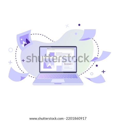 Flat vector illustration of laptop with paper documents and pictures. Office work, planning, time management, schedule and online education concept for banner, website, social media, app and flyer