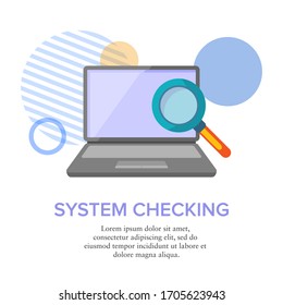 Flat vector illustration of a laptop seen through a magnifying glass. Suitable for describing operating system checks, maintenance program, and searching software. Illustration of technology analysis 