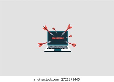 Flache Vektorgrafik eines Laptops unter DDoS-Angriff, die Cybersicherheitsbedrohungen, Hacking, Netzwerküberlastung und Online-Systemverwundbarkeit auf sauberem Hintergrund symbolisiert. Vektorgrafik.