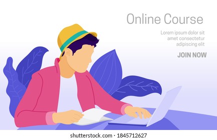 Flache Vektorgrafik eines Laptop-Benutzers, der beim Lesen des Buches auf Online-Schulungen zugreift. Geeignet für den Hintergrund der Online-Kurs-Webseite. Arbeiten von der Hausillustration aus.